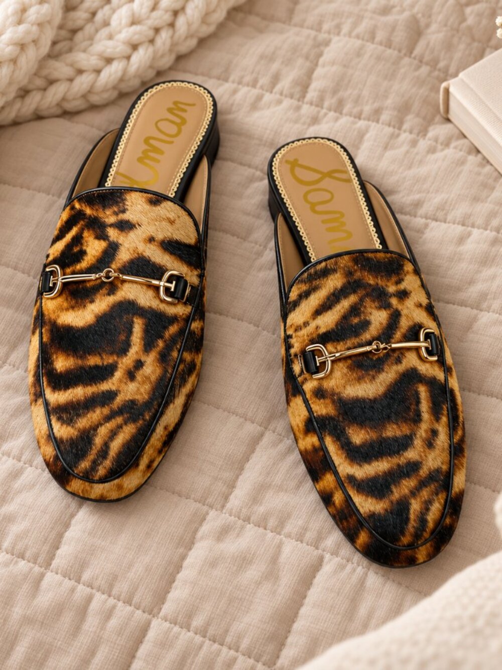 Sam Edelman Linnie Tiger Print Cow Hair Horsebit Mules Brown Womens 7 NIB